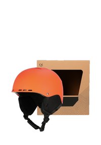 Orange hjelm med mat finish, sort polstret indre, justerbar hagespænde og ventilationshuller. Leveres med en papkasse med udskæring.