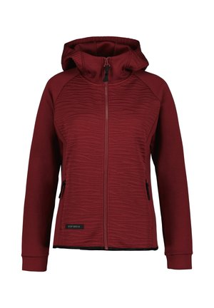 Maroon hooded jacket with full front zipper, textured pattern on the front, long sleeves, and zippered side pockets.