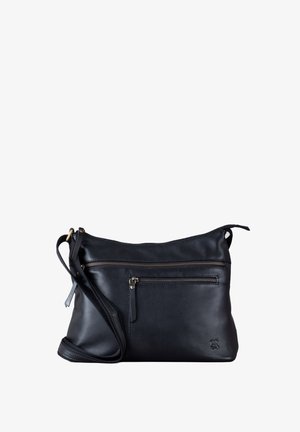 Black leather crossbody bag with a top zip closure, front zip pocket, adjustable strap, and a smooth texture. Features subtle branding.