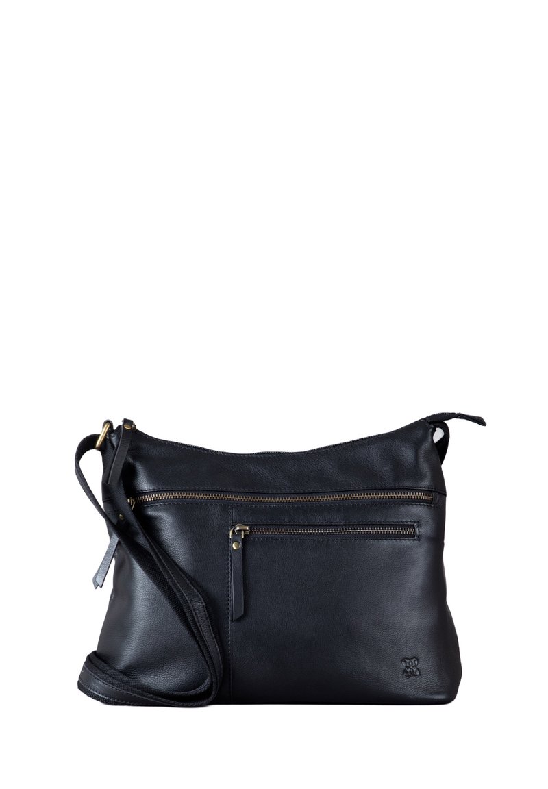 Black leather crossbody bag with a top zip closure, front zip pocket, adjustable strap, and a smooth texture. Features subtle branding.