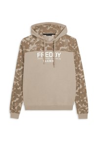 Felpa con cappuccio beige con stampa mimetica. Presenta una tasca frontale a marsupio, coulisse e testo del marchio bianco sul petto.