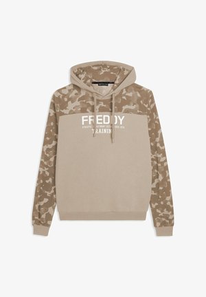Felpa con cappuccio beige con stampa mimetica. Presenta una tasca frontale a marsupio, coulisse e testo del marchio bianco sul petto.
