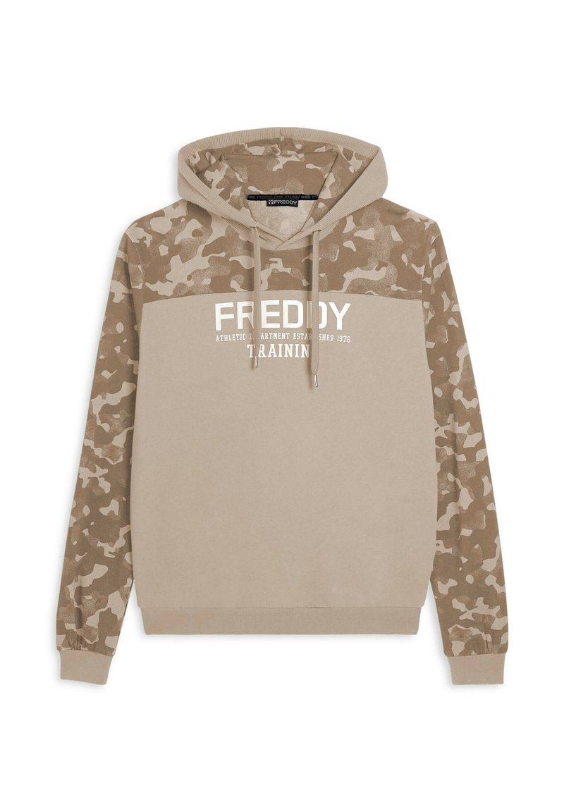 Felpa con cappuccio beige con stampa mimetica. Presenta una tasca frontale a marsupio, coulisse e testo del marchio bianco sul petto.