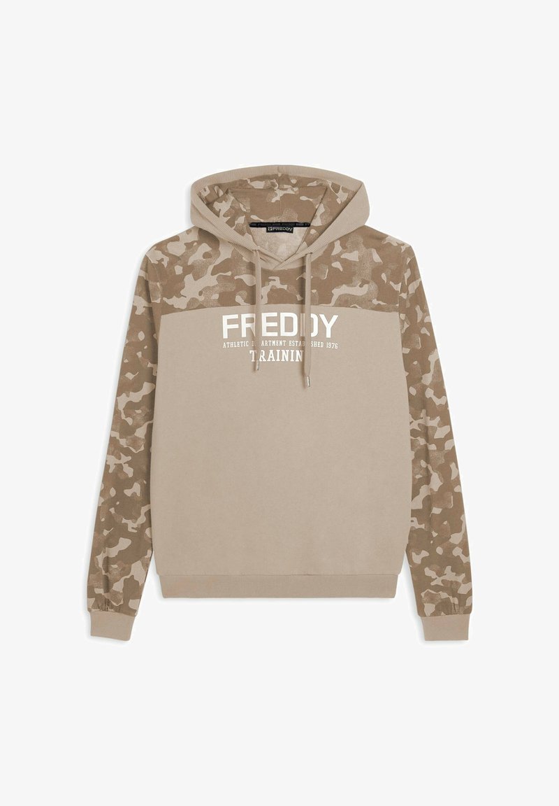 Felpa con cappuccio beige con stampa mimetica. Presenta una tasca frontale a marsupio, coulisse e testo del marchio bianco sul petto.