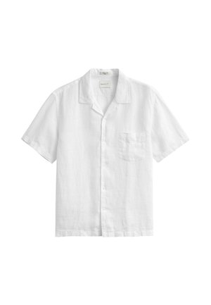 White short-sleeve button-up shirt with a collar and chest pocket, made of lightweight fabric, displayed on a white background.