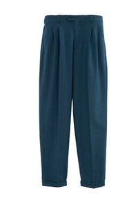 Turquoise, geplooide broeken met een knoopsluiting, omslagzoom en een gladde stoftextuur, met een losse pasvorm voor comfort.