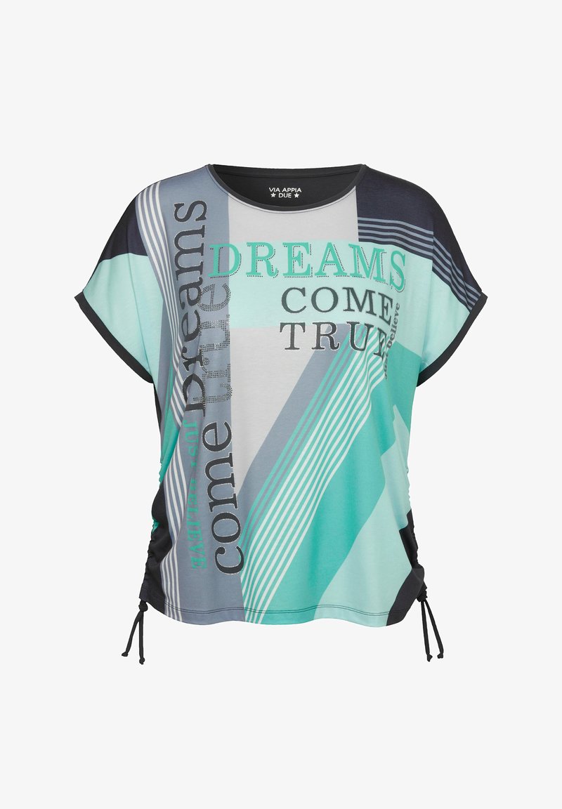 Short-sleeve teal, gray, and black striped blouse with text "DREAMS COME TRUE" and adjustable side drawstrings.