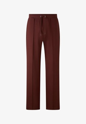 Bordeaux sweatpants gemaakt van zacht materiaal, met een elastische tailleband met trekkoord, zijplooiingen en een logo op de linkerdeel van de heup.