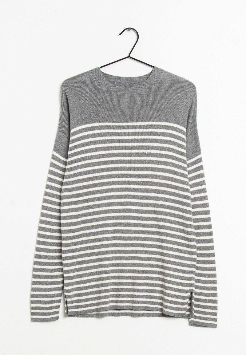 Gray and white striped sweater with a round neckline, ribbed texture, and side slits. The material appears soft and lightweight.