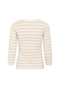 Langärmliges Oberteil in Creme mit hellbeigen horizontalen Streifen; weicher Stoff; figurschmeichelnde Passform; runder Halsausschnitt; nahtlose Verarbeitung an den Schultern.