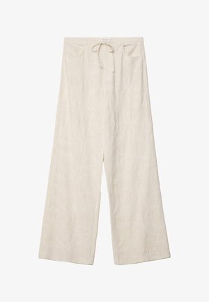 Weite Hosen aus einem hellen Cremestoff, mit einem strukturierten Blumenmuster, elastischem Bund und frontalen Taschen.