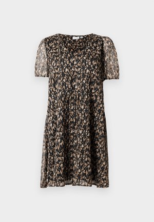 Sort kjole med gennemsigtige puffærmer, prydet med et abstrakt beige og brunt blomstermønster. Udsvinget form med v-halsudskæring og samlet talje.