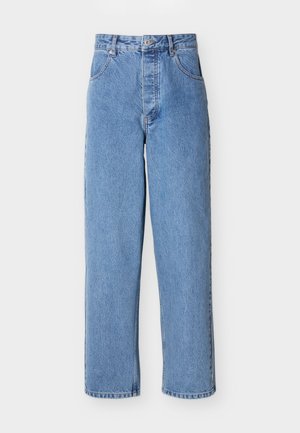 Light blue high-waisted straight-leg denim jeans with front pockets, button closure, and belt loops on a white background.