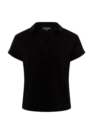 Black short-sleeve blouse with a collar, featuring a V-neckline and smooth texture. The hem is straight, with no visible patterns or accents.