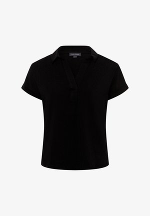 Black short-sleeve blouse with a collar, featuring a V-neckline and smooth texture. The hem is straight, with no visible patterns or accents.
