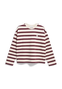 Langarm gestreept shirt in crème en bordeaux, met een ronde halslijn en een klein wit logo op de borst. Zachte katoen stof.