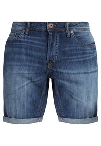 Shorts in denim blu scuro con un lavaggio sbiadito. Presentano risvolti, design a cinque tasche e una chiusura con bottone metallico in vita.