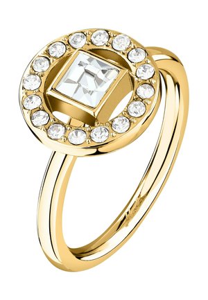 Goldener Ring mit einem quadratisch geschliffenen, klaren zentralen Edelstein, umgeben von einem Kreis aus kleineren, runden klaren Steinen.