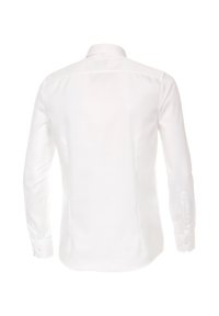 Bílé dlouhé rukávy, hladká bavlněná tkanina, klasický límec, zapínání na knoflíky na manžetách, přiléhavý design se rovnou zadní částí.