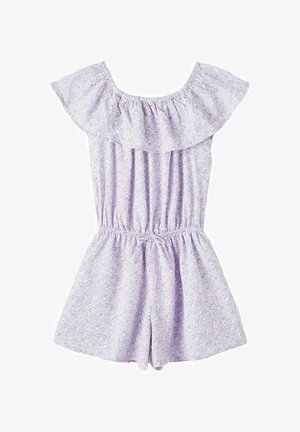 Combinaison à fleurs lavande avec épaules dénudées, encolure à volants, taille élastique et cordon ajustable à la taille.