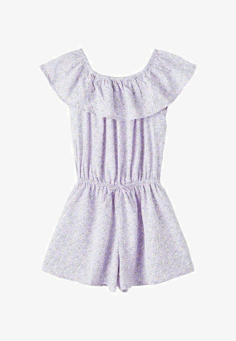 Combinaison à fleurs lavande avec épaules dénudées, encolure à volants, taille élastique et cordon ajustable à la taille.