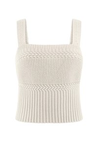 Lichtgrijze gebreide crop top met een vierkante halslijn, voorzien van textuurpatronen en brede schouderbanden. Geribbelde zoom aan de onderkant.