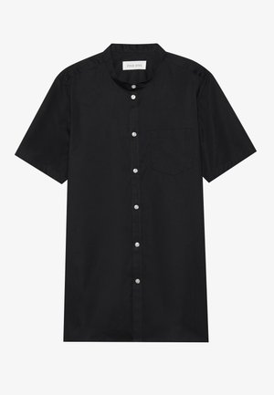 Short-sleeve black shirt made from a smooth fabric, featuring a button front, pointed collar, and a single chest pocket.