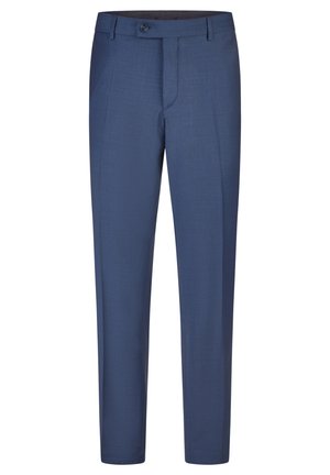 Pantalon de costume pour homme bleu sur mesure avec passants de ceinture, fermeture par bouton et pli net à l’avant.
