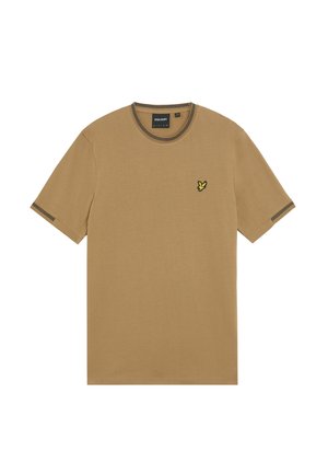 Bruine katoenen T-shirt met korte mouwen, ronde halslijn en donkere afwerking. Heeft een gele geborduurde vogel logo op de linkerkant van de borst.