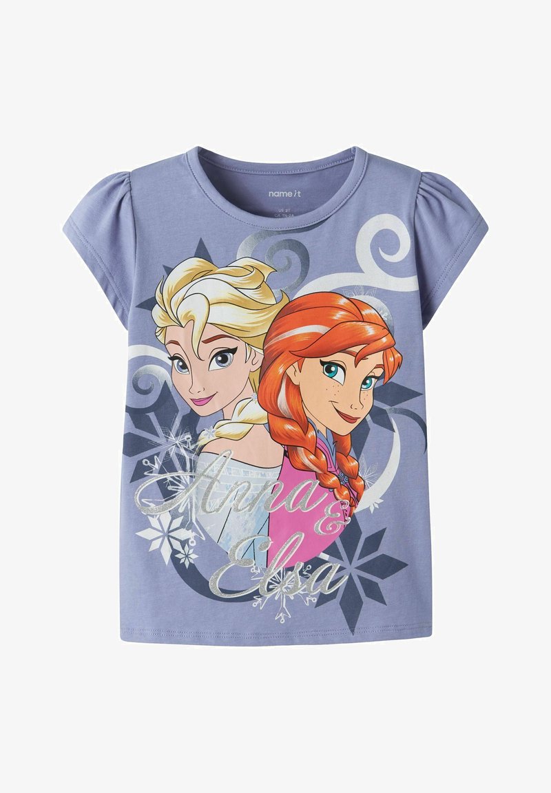 Paarse kinderkorte mouw shirt met illustraties van twee geanimeerde meisjes met vlechten, omringd door sneeuwvlokken en draaiende patronen.