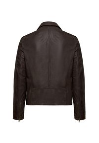 Bruine leren jas met een klassieke kraag, cropped ontwerp en ritsmanchetten. Glad textuur met subtiele achterstiksels.