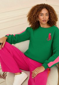 Felpa verde con strisce rosa sulle spalle e una grafica di leopardato rosso. Abbinata a pantaloni larghi rosa e scarpe da ginnastica bianche.