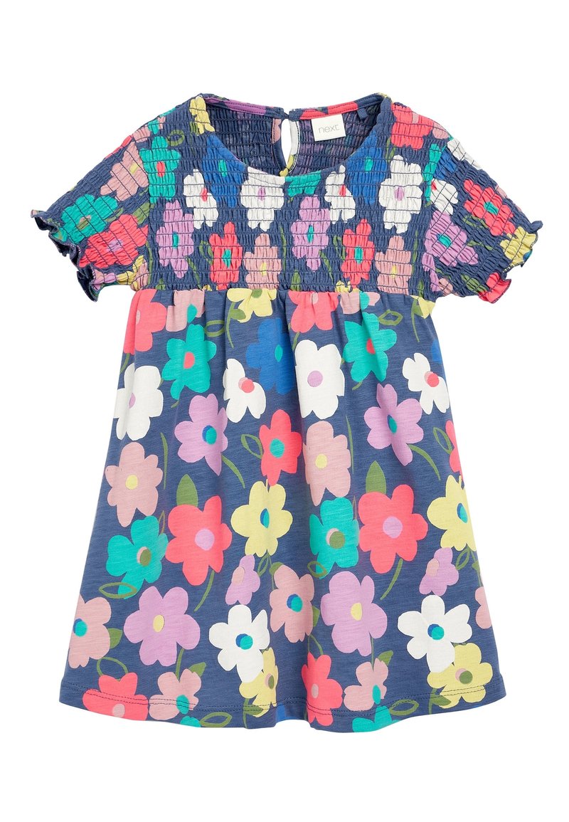Robe à manches courtes pour fille de tout-petits avec un haut froncé et un motif floral coloré sur un tissu bleu marine.