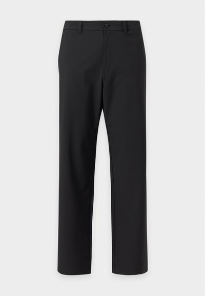 Pantalon noir à jambes droites avec fermeture par bouton et zip, passants de ceinture, et sans poches visibles sur un fond clair uni.