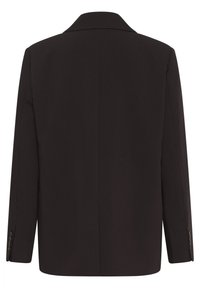 Blazer nero con design a un bottone, colletto a punte e maniche lunghe con dettagli a bottone. Tessuto liscio con vestibilità sartoriale.