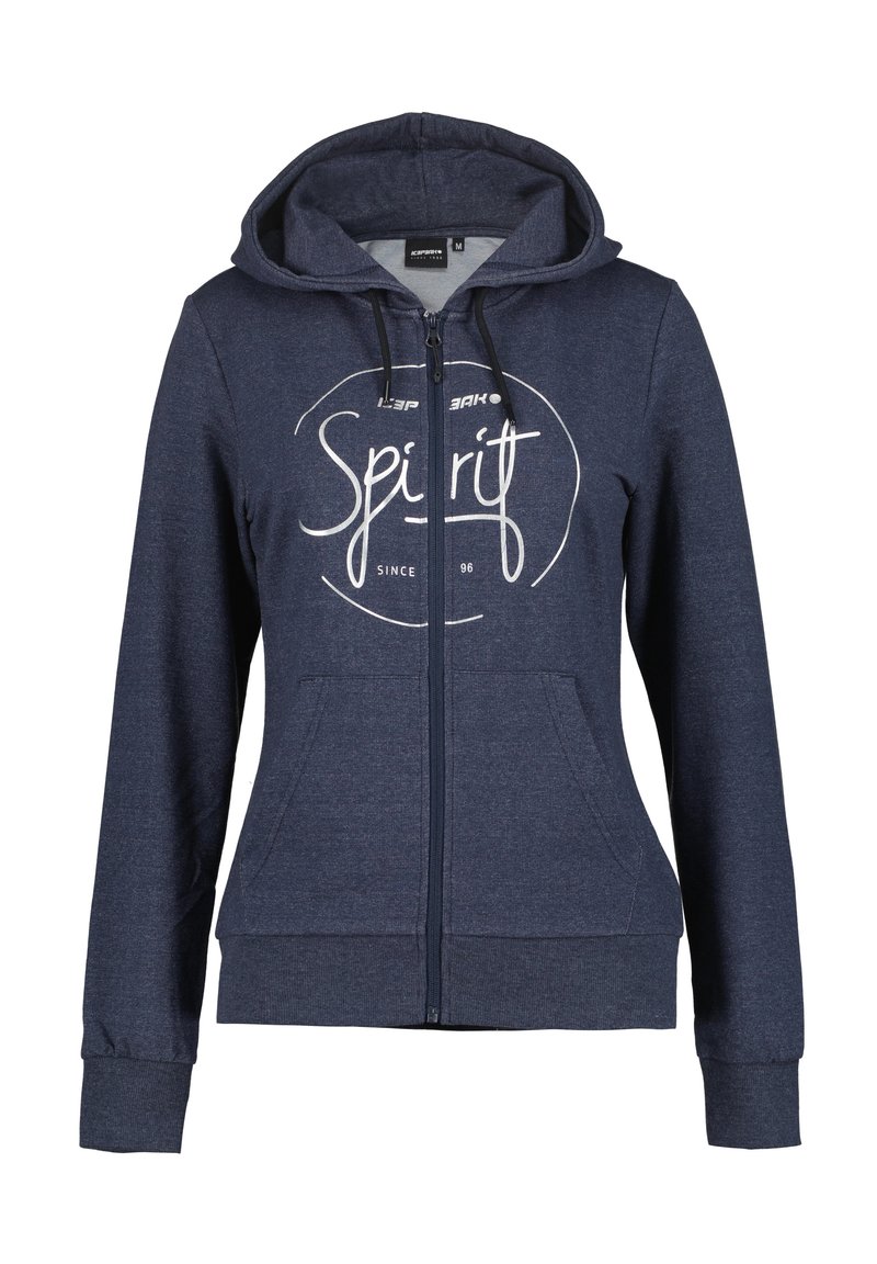 Marineblauwe zip-up hoodie gemaakt van zachte stof met een trekkoordcapuchon, voorzien van een witte grafische tekst "Spirit since 96" op de voorkant en twee zijzakken.