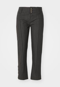 Pantaloni grigi a righe di sartoria con vita alta, chiusura a tre bottoni e sottili bottoni laterali all'orlo. Tessuto morbido.