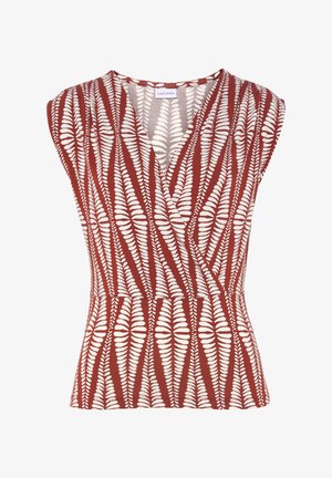 Rotes ärmelloses Oberteil mit V-Ausschnitt, das ein weißes Farnmuster und strukturierte Stoffe zeigt. Taillierte Passform mit einem Peplum-Taille.