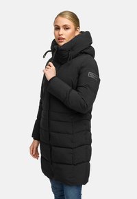 Black puffer jacket with a hood, featuring quilted design, front zip closure, and logo patch on the left sleeve. Smooth textured fabric.