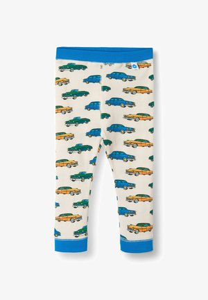 Leggings en tissu beige ornés de diverses voitures vintage colorées en vert, bleu, orange et jaune. Poignets bleus en bas.