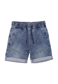 Denim short met een lichtblauwe tint, elastische tailleband, trekkoordsluiting en opgerolde manchetten. Voorzien van zijzakken en contrasterende stiksels.