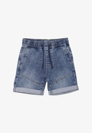 Jeansshorts in einem hellblauen Farbton, elastischem Bund, Kordelzugverschluss und umgeschlagenen Säumen. Verfügt über seitliche Taschen und Kontrastnähte.