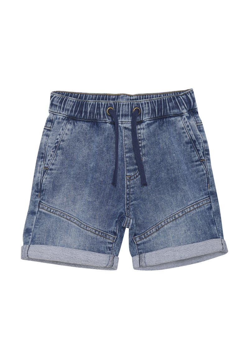 Denim short met een lichtblauwe tint, elastische tailleband, trekkoordsluiting en opgerolde manchetten. Voorzien van zijzakken en contrasterende stiksels.