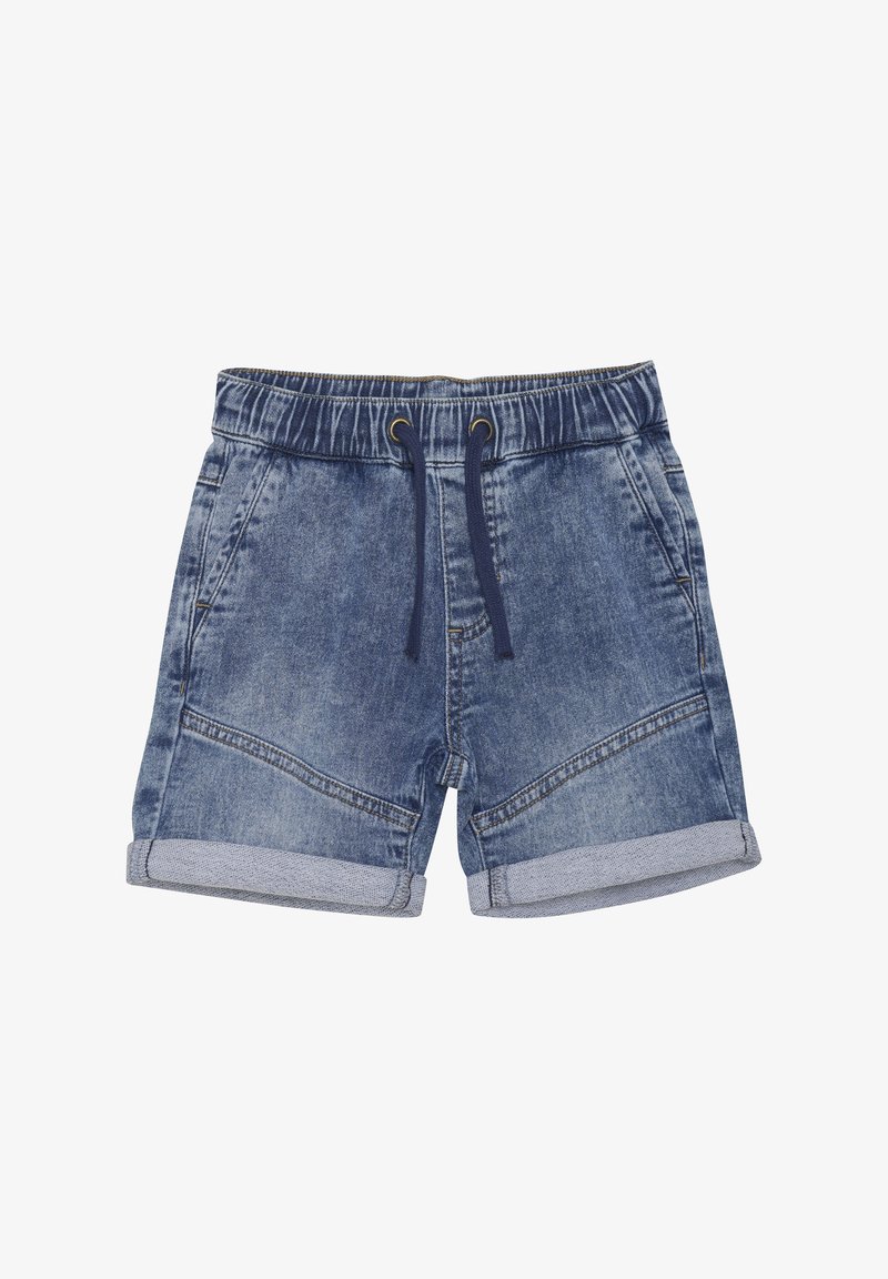 Denim short met een lichtblauwe tint, elastische tailleband, trekkoordsluiting en opgerolde manchetten. Voorzien van zijzakken en contrasterende stiksels.
