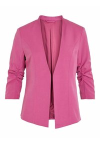 Růžový blejzr s dlouhými rukávy, přizpůsobeným střihem a výstřihem s klopami. Má nariasované detaily na rukávech a otevřený design vpředu. Hladká textura.