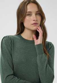 Zaļš adīts džemperis ar apaļu kakla izgriezumu, ar teksturētu apdari un pūkainām plecu detaļām. Iespējas ietver ribotas aproces un klasisku piegriezumu.