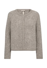 Lichtgrijze, gebreide cardigan met een ronde hals, knoopsluiting en textuurdetails aan de randen. Zachte wollen textuur, lange mouwen en cropped ontwerp.