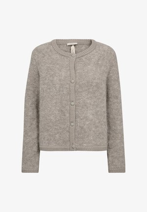 Light gray, knitted cardigan with a round neck, button closure, and textured edging details. Soft wool texture, long sleeves, and cropped design.