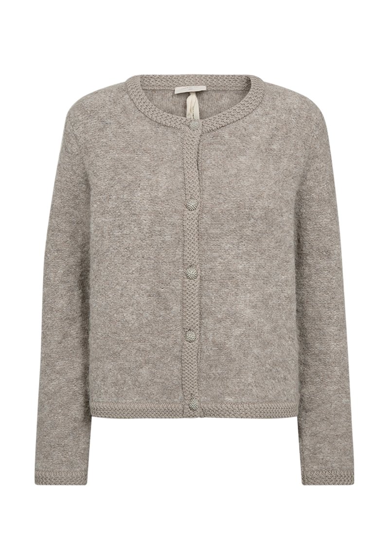 Lichtgrijze, gebreide cardigan met een ronde hals, knoopsluiting en textuurdetails aan de randen. Zachte wollen textuur, lange mouwen en cropped ontwerp.