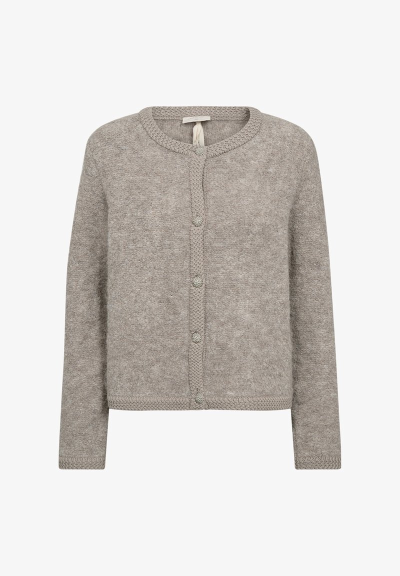 Lichtgrijze, gebreide cardigan met een ronde hals, knoopsluiting en textuurdetails aan de randen. Zachte wollen textuur, lange mouwen en cropped ontwerp.